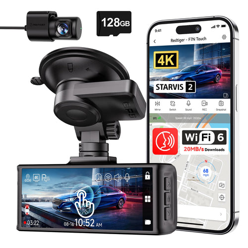REDTIGER F7N Touch Dashcam 4K Vorne Hinten - GPS WiFi. Schwarze, kompakte Kamera zur 4K-Videoaufzeichnung von Fahrten.
