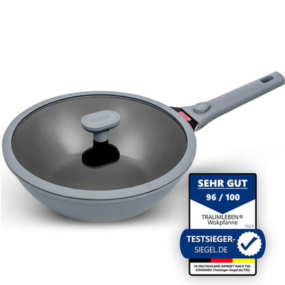 TRAUMLEBEN Wokpfanne Antihaft mit Deckel 28 cm Induktion Grau. Tiefe, runde, graue Wokpfanne mit Antihaft-Oberfläche & Deckel zum Braten & Dünsten.