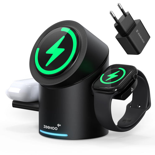 ZEEHOO 3-in-1 Wireless Ladestation Apple MagSafe QI2 15W. Kompakte Station zum 15W drahtlosen Laden von iPhone, Watch und AirPods simultan.