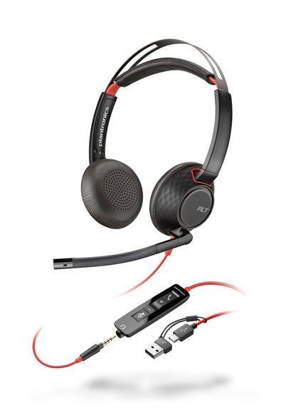 Poly Blackwire 5220 schnurgebundenes Headset USB-A/USB-C/3,5 mm. Schwarzes Stereo-Headset für Bürokommunikation.