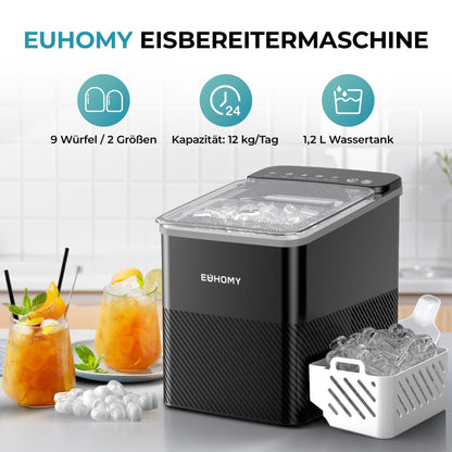 EUHOMY Eiswürfelmaschine, 12 kg Eis pro Tag, 2 Würfelgrössen, schwarz