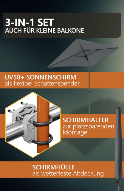 Menz Sonnenschirm Balkon Set 3-in-1 Anthrazit UPF 50+ 200 x 125 cm