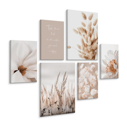 Muralo Wandbilder Set Boho Leinwand Beige 6-teilig 30x40 + 20x30 cm, beige Boho-Motive auf Leinwand