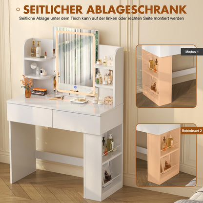Devoko Schminktisch mit LED Spiegel, weiss – 2 Schubladen, 4 Ablagen