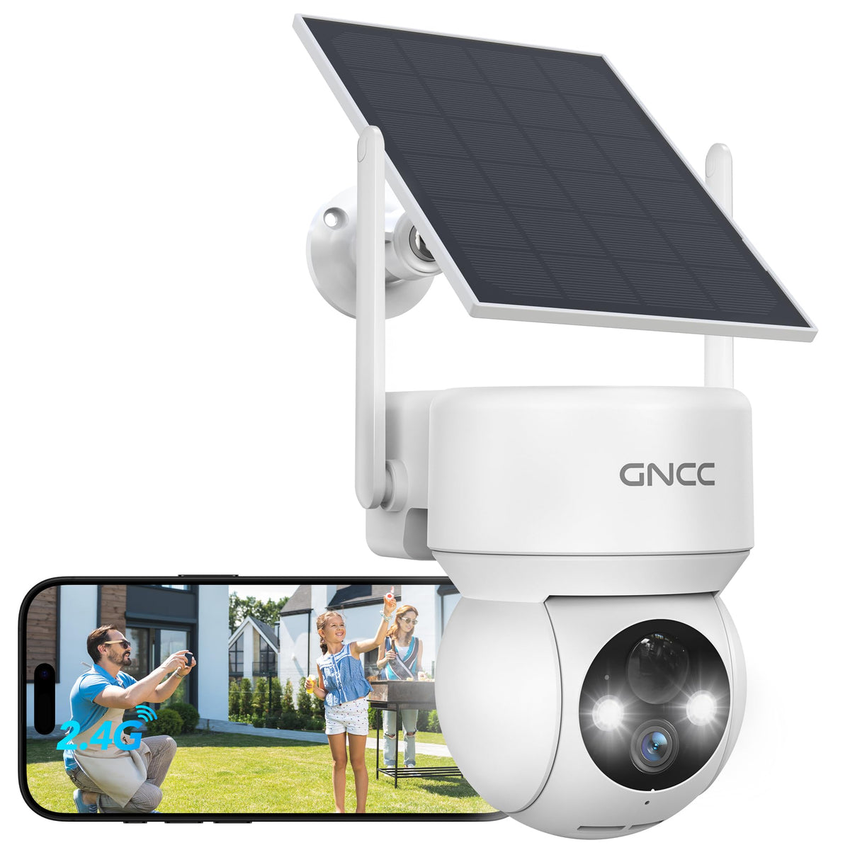 GNCC W30 Solar Überwachungskamera aussen, 1080P WLAN mit Akku, Solarpanel und 360°-Schwenkung