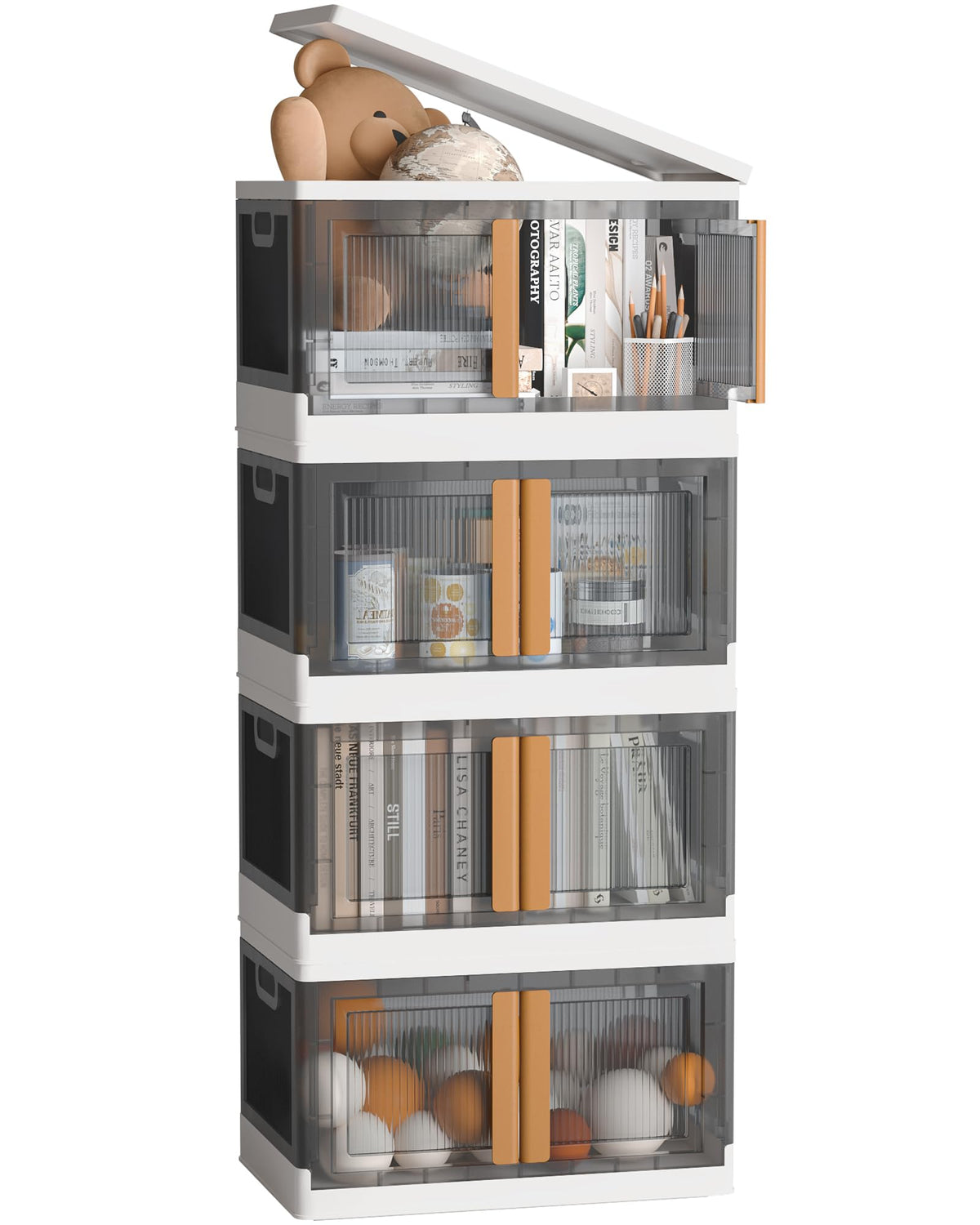 NETEL Stapelbox Set 72L, 4x – Durchsichtig, Faltbar mit Tür & Rollen. Stapelbare Boxen zur Lagerung von Haushaltsartikeln.