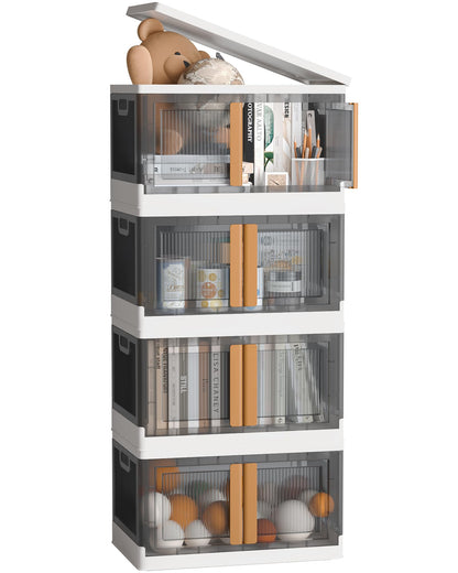 NETEL Stapelbox Set 72L, 4x – Durchsichtig, Faltbar mit Tür & Rollen. Stapelbare Boxen zur Lagerung von Haushaltsartikeln.
