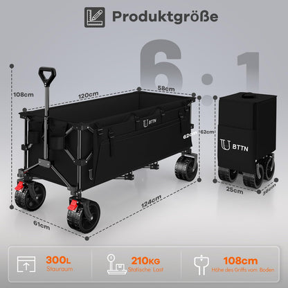 BTTN Bollerwagen faltbar XXXL, 300 L, 210 kg Traglast, schwarz