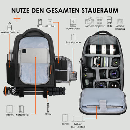 TARION Kamerarucksack wasserdicht mit 15 Zoll Laptopfach, schwarz