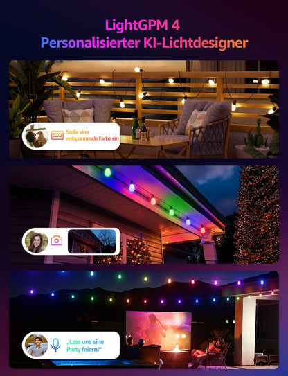 Lepro ZB1 AI LED Lichterkette aussen 15 m, RGB + Warmweiss, WLAN, IP65