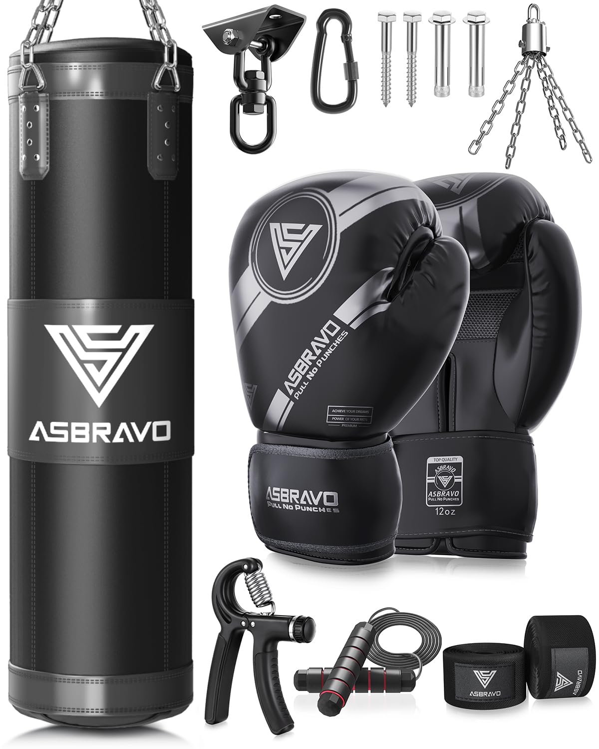 ASBRAVO Boxsack 4ft ungefüllt Trainingsset – Schwarz. Zylindrisch, schwarz. Trainingsgerät für Kraft- und Technikübungen.