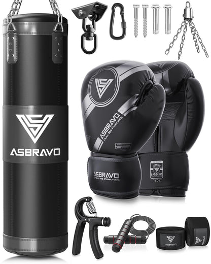 ASBRAVO Boxsack 4ft ungefüllt Trainingsset – Schwarz. Zylindrisch, schwarz. Trainingsgerät für Kraft- und Technikübungen.