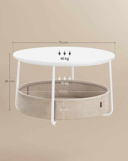 VASAGLE Couchtisch Rund mit Stauraum - Mattweiss-Kamelbraun LCT244W10