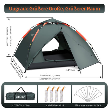 Cflity Campingzelt 3 Personen Pop-Up Wurfzelt wasserdicht