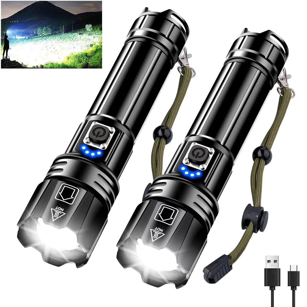 Glarylight LED Taschenlampe aufladbar, XHP70.2, 5 Modi, IPX7, 2 Stück – Gehäuse aus Aluminiumlegierung
