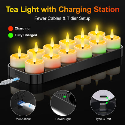 daphomeu LED-Teelichter aufladbar mit Timer, 12er Set mit Ladestation