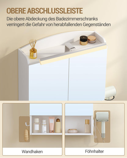 Hzuaneri Spiegelschrank mit LED-Beleuchtung und Föhnhalter, weiss