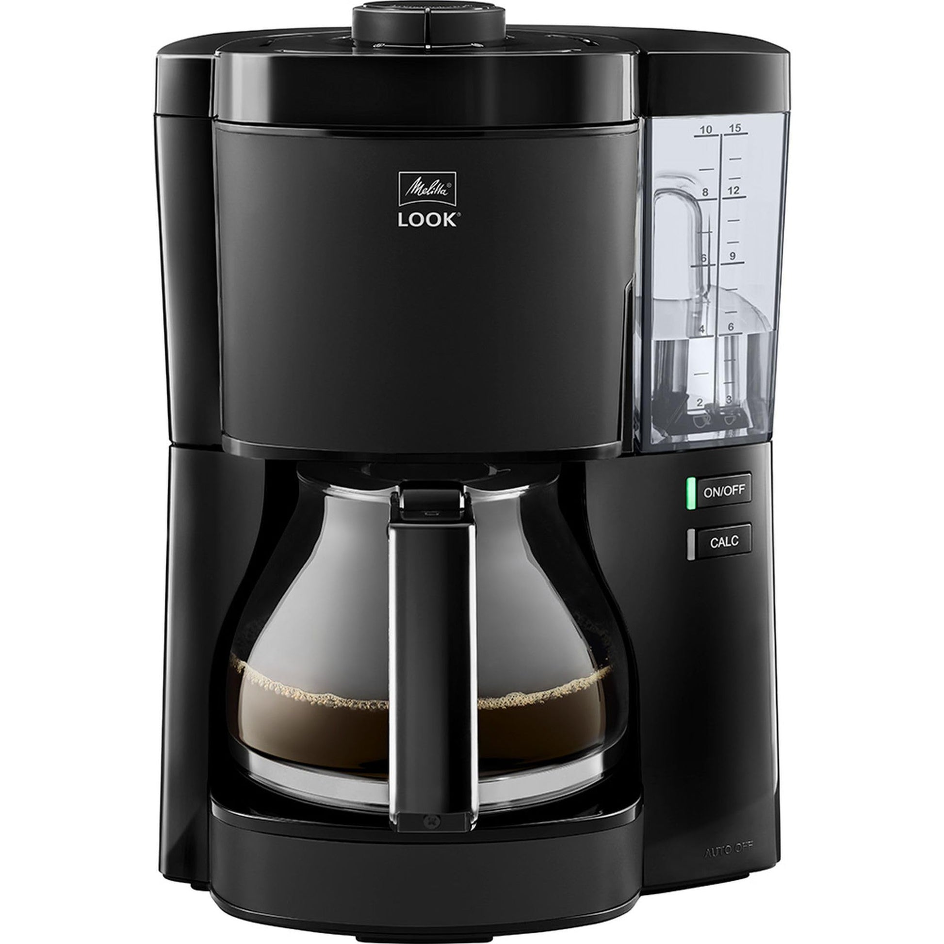 Melitta Look Filterkaffeemaschine mit Glaskanne - Schwarz. Schwarzes Gehäuse, Glaskanne. Brüht Filterkaffee.
