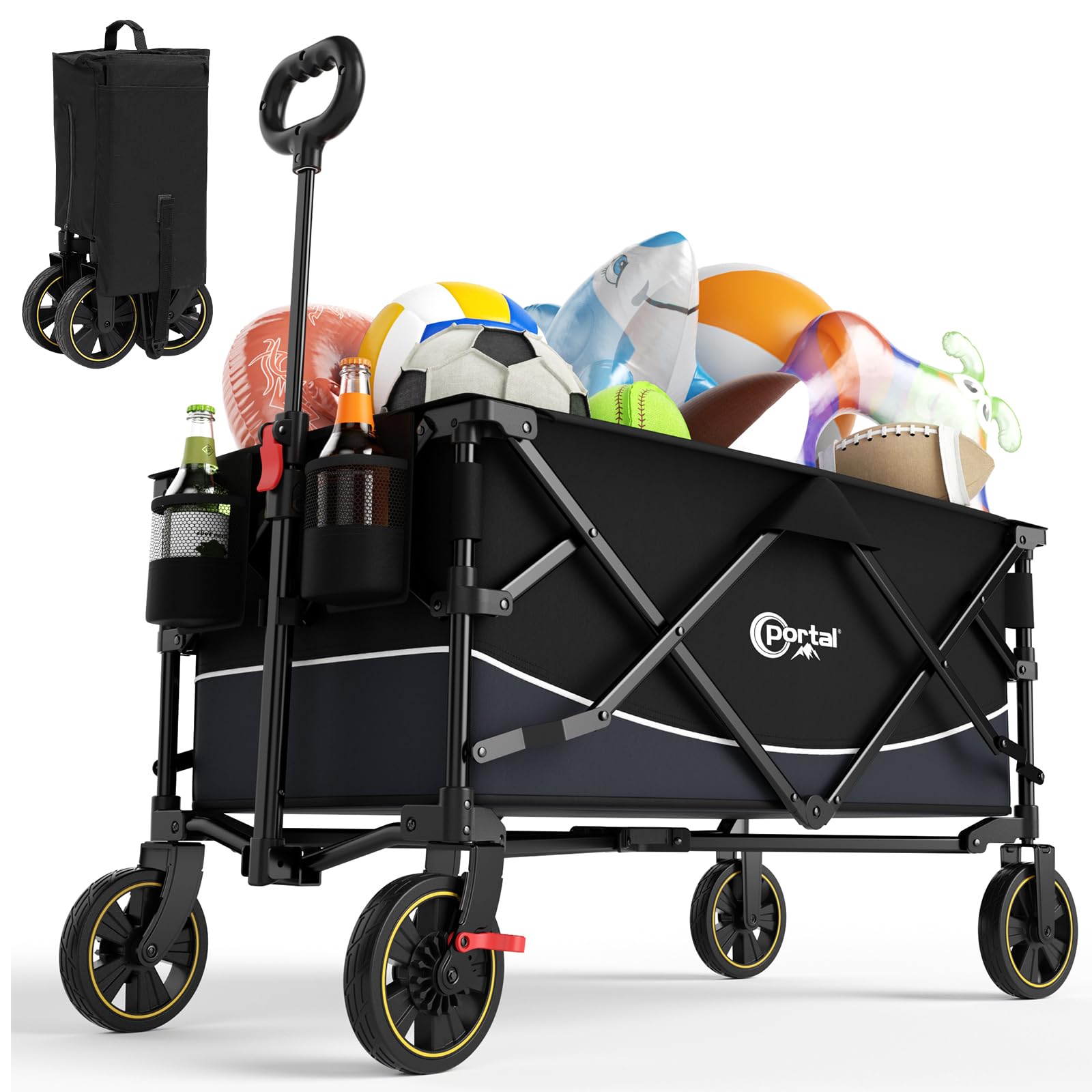 Portal Bollerwagen faltbar XXL – Handwagen 120 kg, mit Getränkehalter & Tasche. Klappbarer Handwagen für Lasten bis 120 kg.
