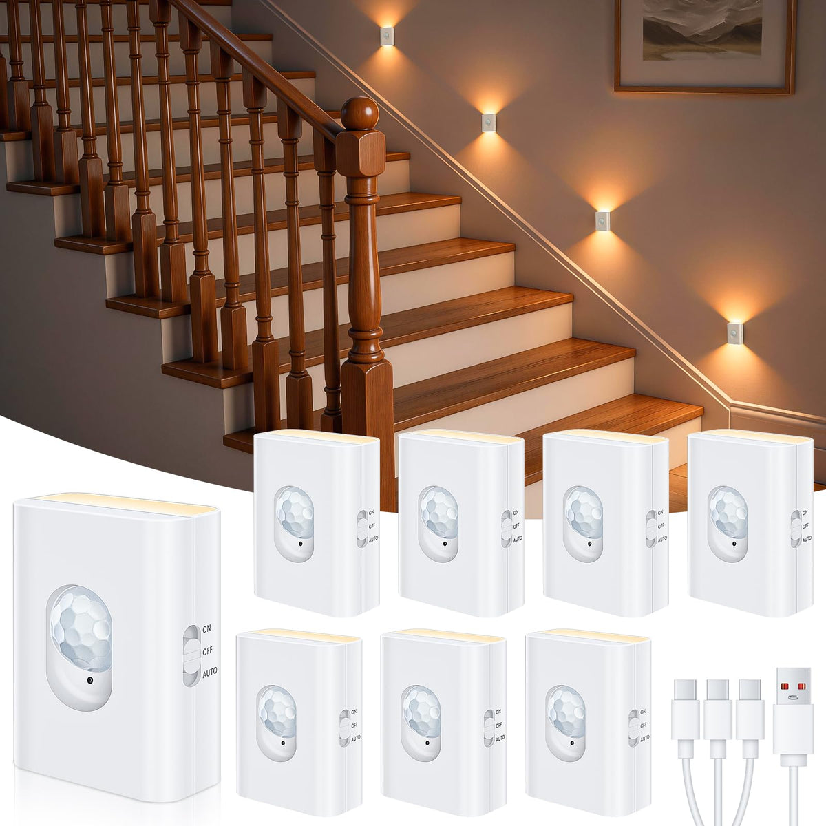 WILLED LED Treppenbeleuchtung mit Bewegungsmelder, 8er Set – kabellose Wandleuchte mit Up- und Downlight