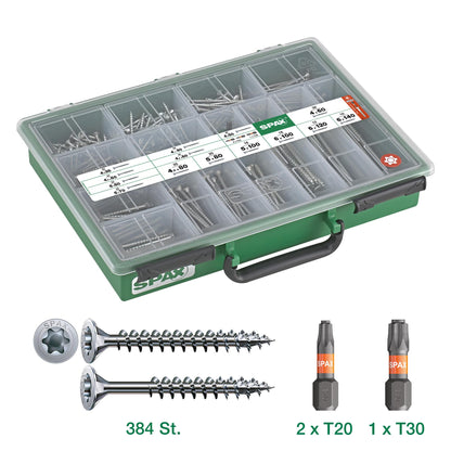 SPAX Sortimentskoffer gross, Schrauben-Set WIROX 384 Schrauben, 3 Bits