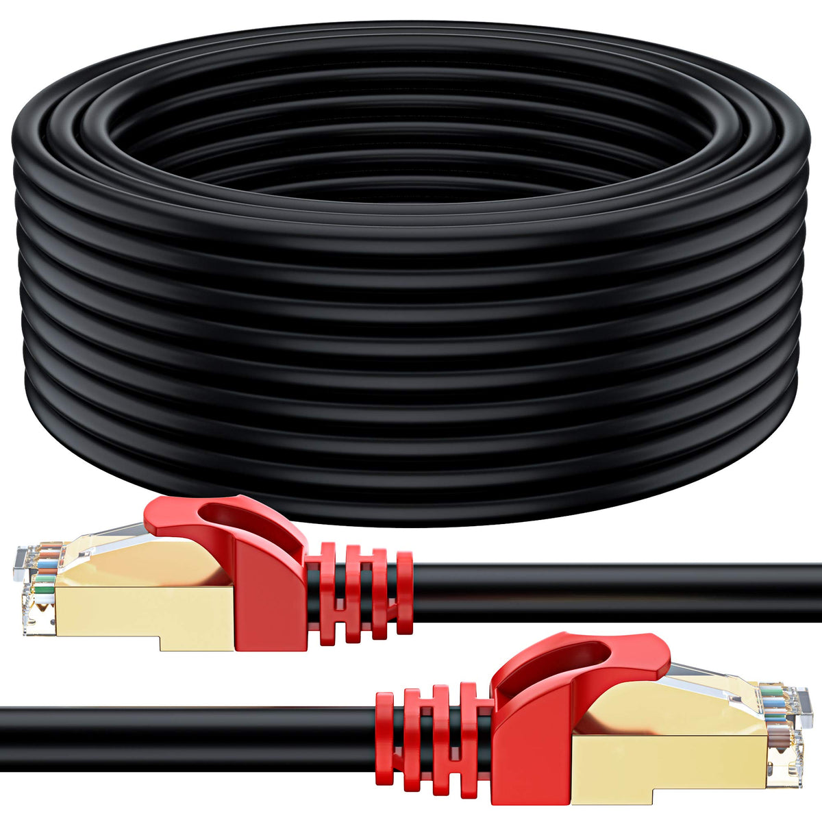 MutecPower CAT 7 SSTP Aussen Erdkabel 50m Schwarz. Robustes, schwarzes 50m Kabel. Ermöglicht 10 Gigabit Ethernet Datenübertragung im Aussenbereich und als Erdverlegung.