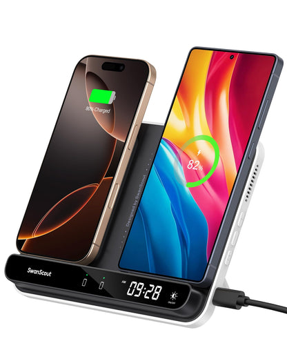 SwanScout 504 Induktive Ladestation für 2 Handys, 30W, Schwarz-Weiss, faltbar mit Digitaluhr