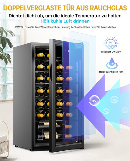 WIE Weinkühlschrank 82 Liter für 28 Flaschen, Kompressor, 5–18 °C