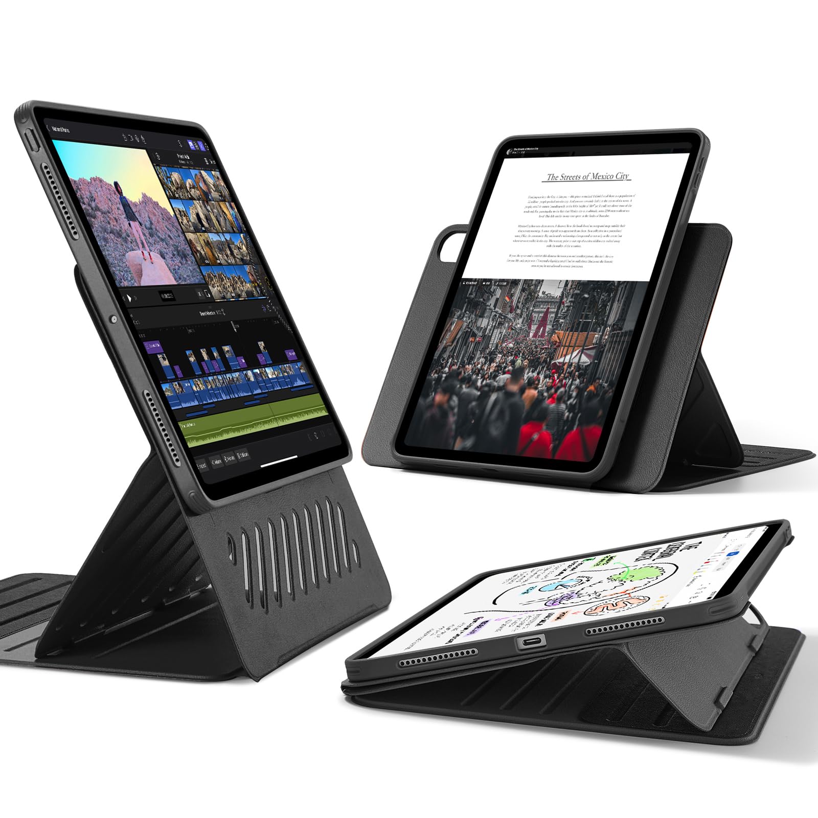 ESR Shift Serie Schutzhülle iPad Pro 13" M5/M4 - Schwarz: Schwarze Schutzhülle mit Ständer für umfassenden Tabletschutz.