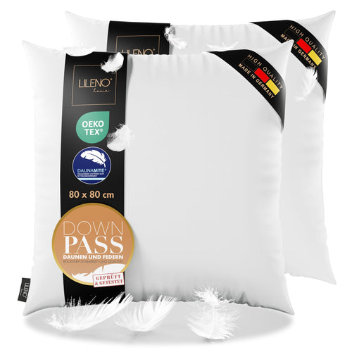LILENO HOME 3-Kammer Daunenkissen Kopfkissen – 80x80 2er Set. Weißes, quadratisches Kissen. Bietet ergonomische Kopf- und Nackenstütze.