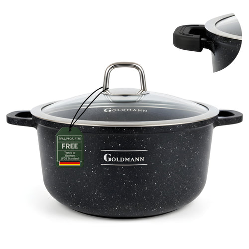 GOLDMANN Kochtopf Aluminiumguss, 28 cm, 6,5 L, Glasdeckel, Induktion in Schwarz mit Silikongriffen