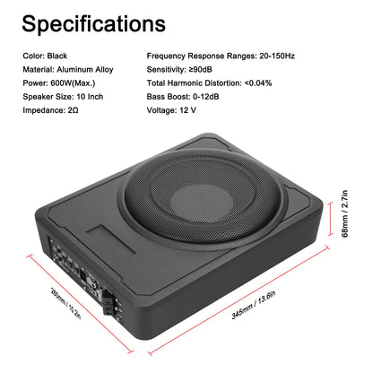 Mulcort 10 Zoll 600W Auto Subwoofer Untersitz - Aktiv Bass