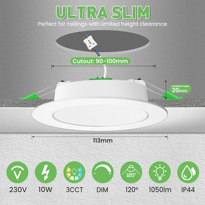 ALUSSO LED Einbaustrahler 230V dimmbar 10W 3CCT IP44 flach, 6er Set