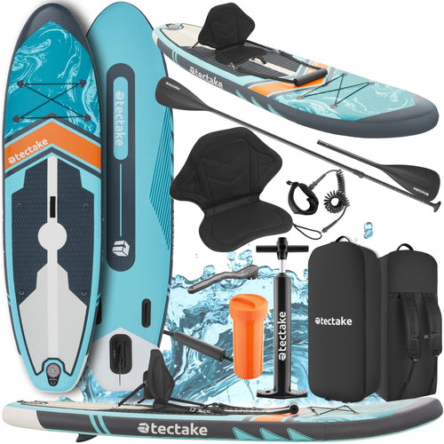 tectake® SUP Paddle Board aufblasbar Set - türkis/orange. Ovales, aufblasbares Board in Türkis/Orange für Stand-Up-Paddling auf dem Wasser.