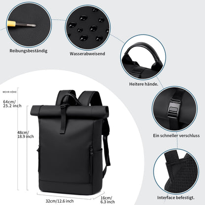 BJIAX Rolltop Rucksack wasserdicht, 17,3 Zoll Laptopfach, schwarz