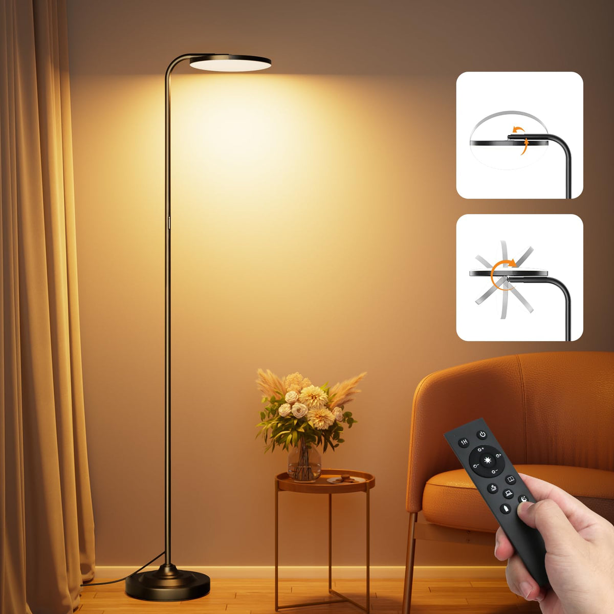 SIBRILLE LED Stehlampe 36W, dimmbar mit Fernbedienung Deckenfluter. Schlanke Säulenform. Indirekte Raumbeleuchtung als dimmbarer Deckenfluter.