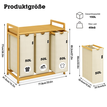 AdelDream Wäschekorb 150 L mit 3 Fächern, Bambusrahmen, Beige
