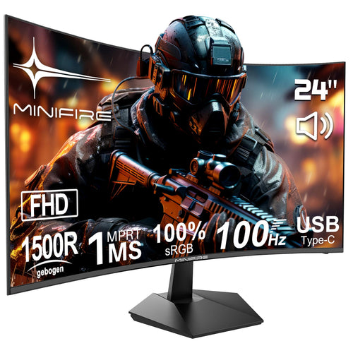 Minifire 24 Zoll Curved Gaming Monitor MF24C1 - 100Hz FHD. Gekrümmter 24-Zoll-Monitor für flüssiges FHD-Gaming mit 100Hz Bildwiederholfrequenz.