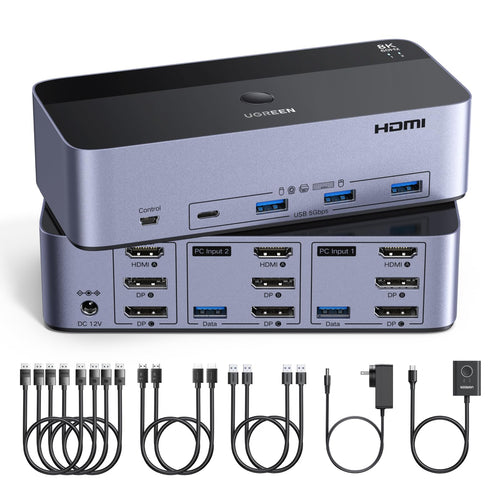 UGREEN KVM Switch HDMI DisplayPort 2 PC 3 Monitore 8K 60Hz AK704 mit Desktop-Controller