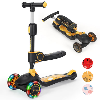 BremToy Kinderroller mit Sitz, höhenverstellbar und faltbar, Gelb – dreirädrig, PU-Räder, klappbarer Sitz