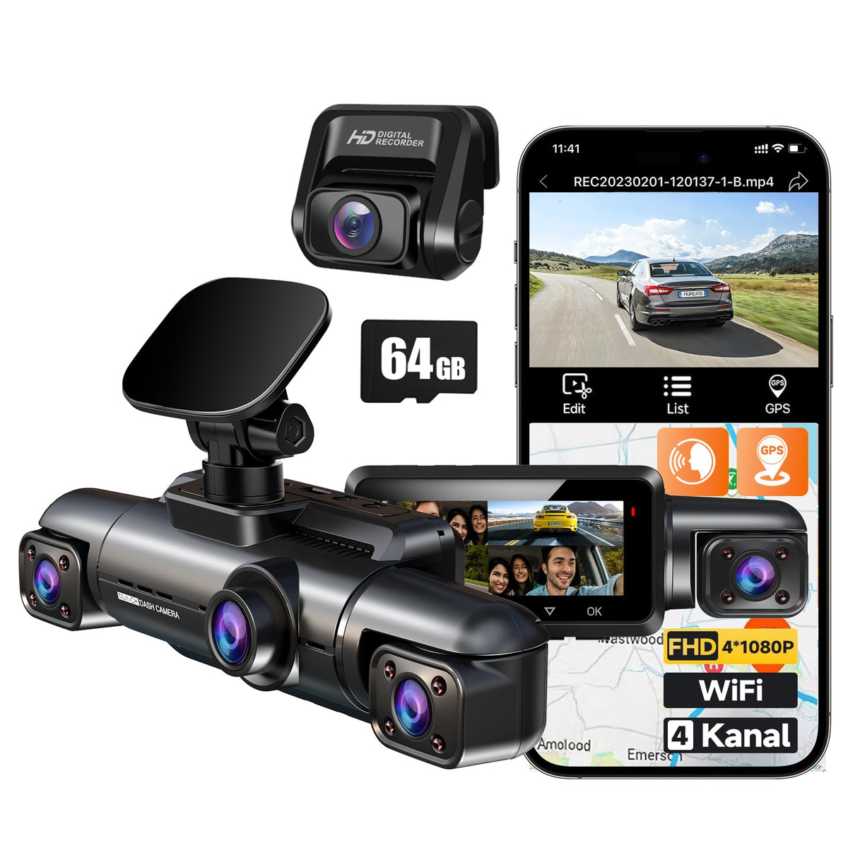 HUPEJOS 360° Dashcam Auto 4 Kanal FHD 1080P GPS WiFi Nachtsicht mit 3,18-Zoll-IPS-Display und vier Kameras