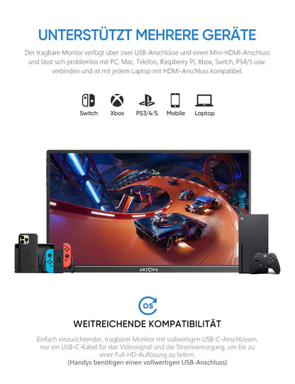 ARZOPA 14.0 Zoll FHD IPS Tragbarer Gaming Monitor - HDMI/USB-C