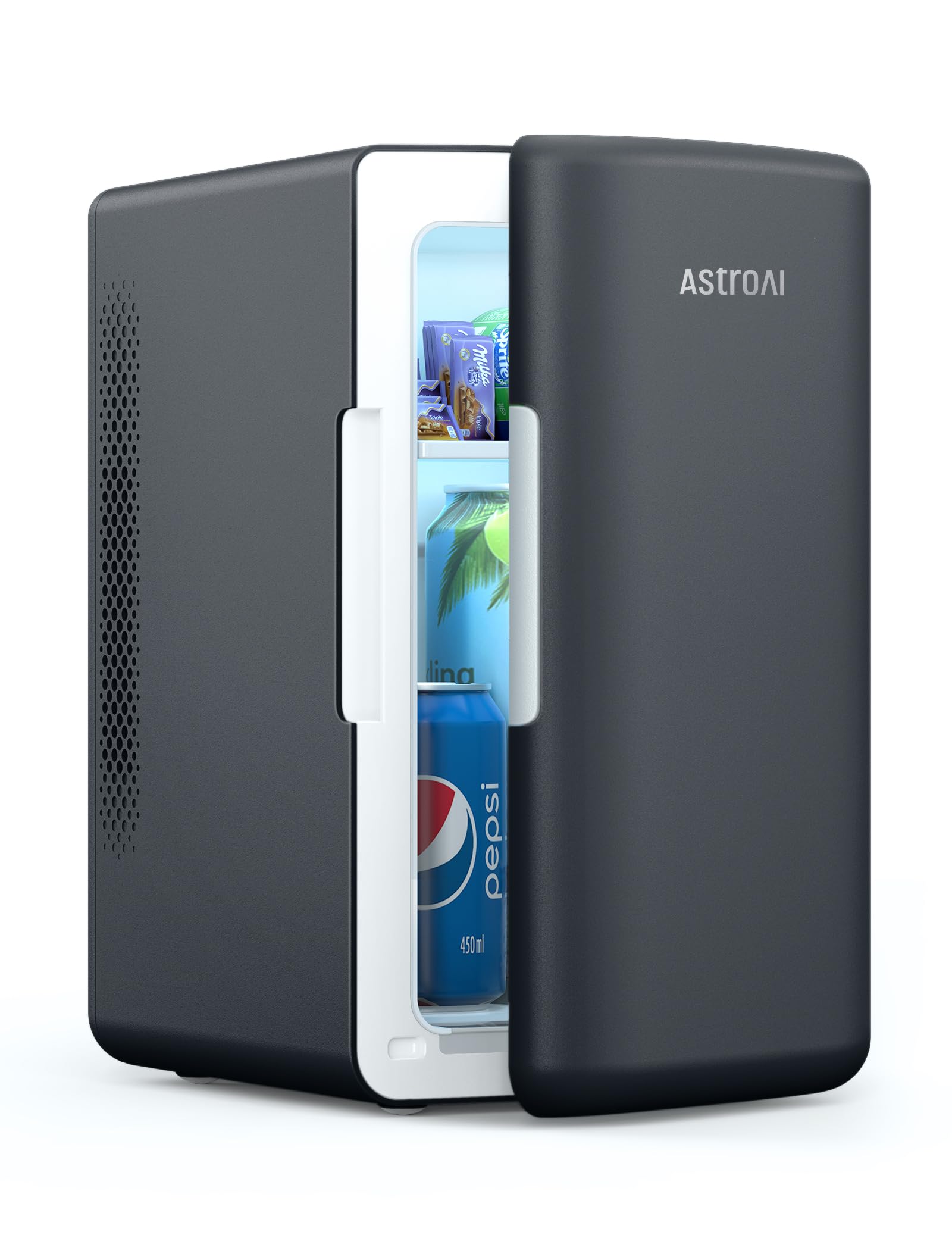 AstroAI 2-in-1 Mini Kühlschrank 6L Kühl/Heiz Schwarz. Kompakter, schwarzer Rechteckkörper. Hält Getränke und Speisen kühl oder warm.