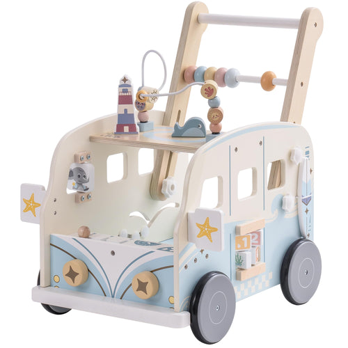 ROBUD Lauflernwagen Holz - Multifunktional mit Bauklötzen. Stabiler Schiebewagen zur Motorikförderung.
