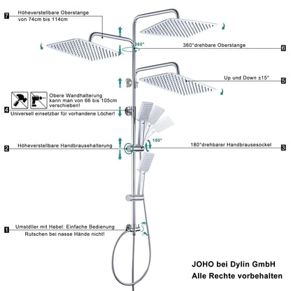 JOHO Regendusche Duschsystem Edelstahl XXL Kopfbrause ohne Armatur Chrom