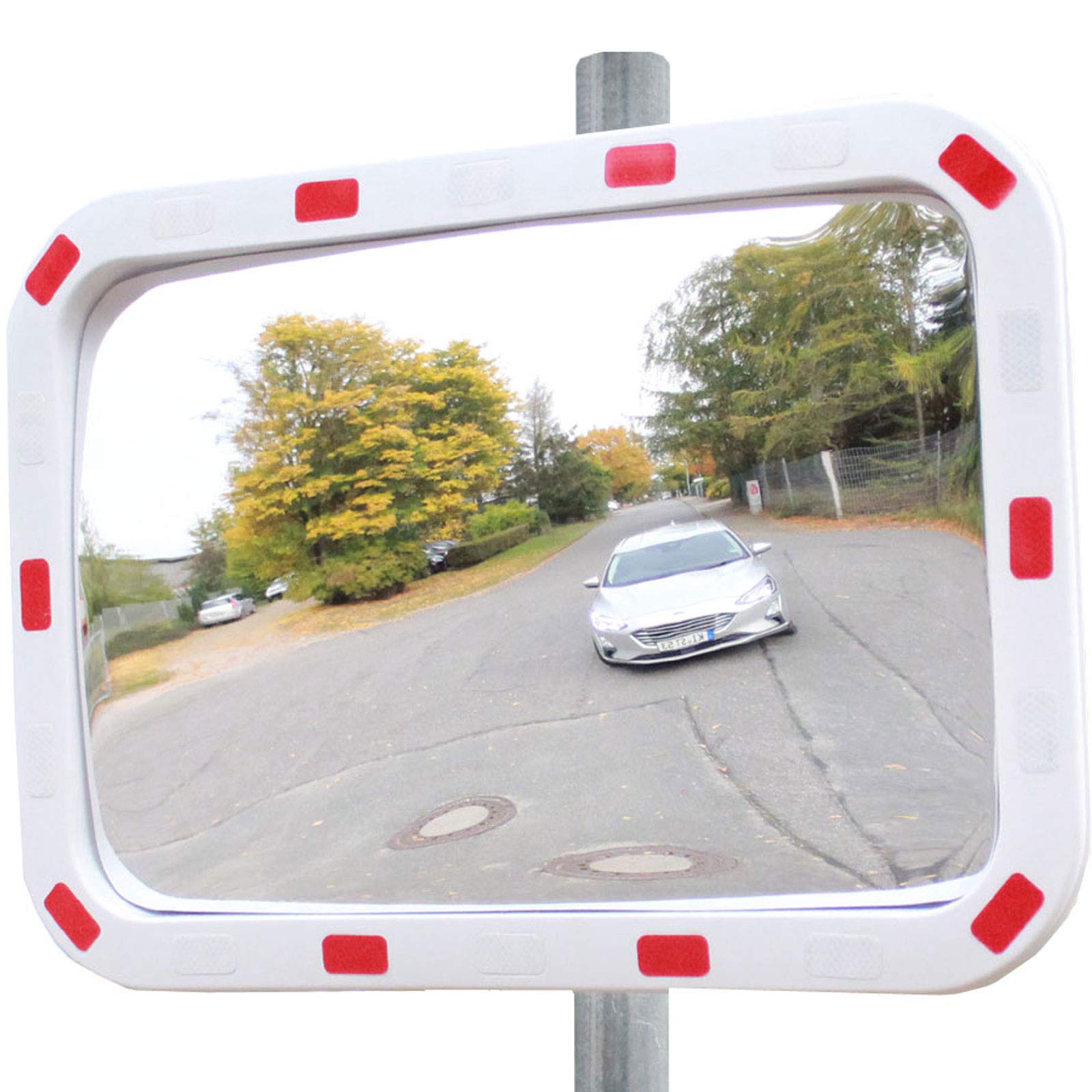 Profi Verkehrsspiegel rechteckig 60x40cm mit Reflektoren. Silberne Spiegelfläche, rote Reflektoren. Verbessert die Sicht an unübersichtlichen Stellen und Kreuzungen.