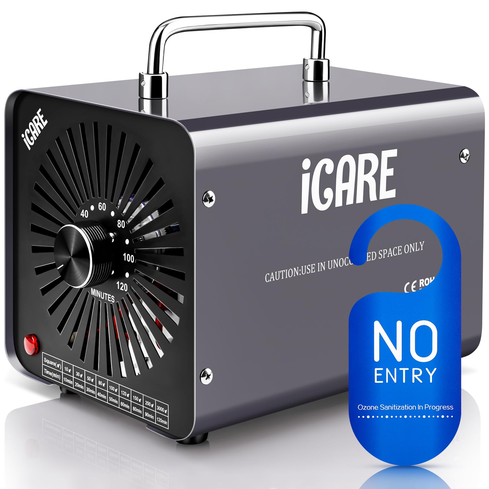 ICARE Ozongenerator 30000mg/h Ozongerät mit 120 Min Timer. Rechteckig, silber. Desinfiziert Luft, beseitigt Gerüche.