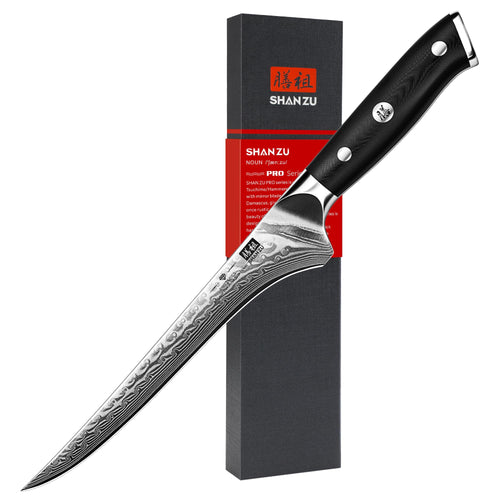 SHAN ZU Damast Filetiermesser PRO Series Fischfiliermesser – 18 cm. Lange, flexible Damastklinge zum präzisen Filetieren von Fisch.