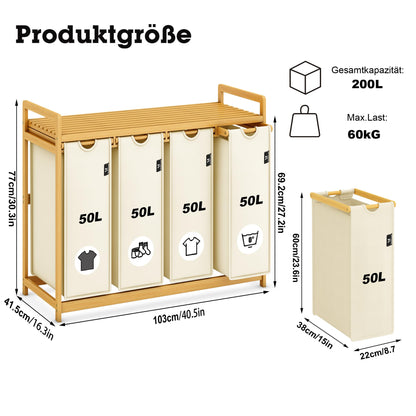 AdelDream Wäschekorb 200L mit 4 Fächern, Bambusrahmen, Beige
