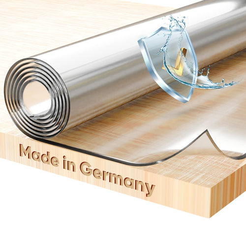 Glasklar Folie Tischschutz, transparent, 2 mm abgeschrägte Kante. Schützt Tischoberflächen vor Kratzern und Flüssigkeiten.